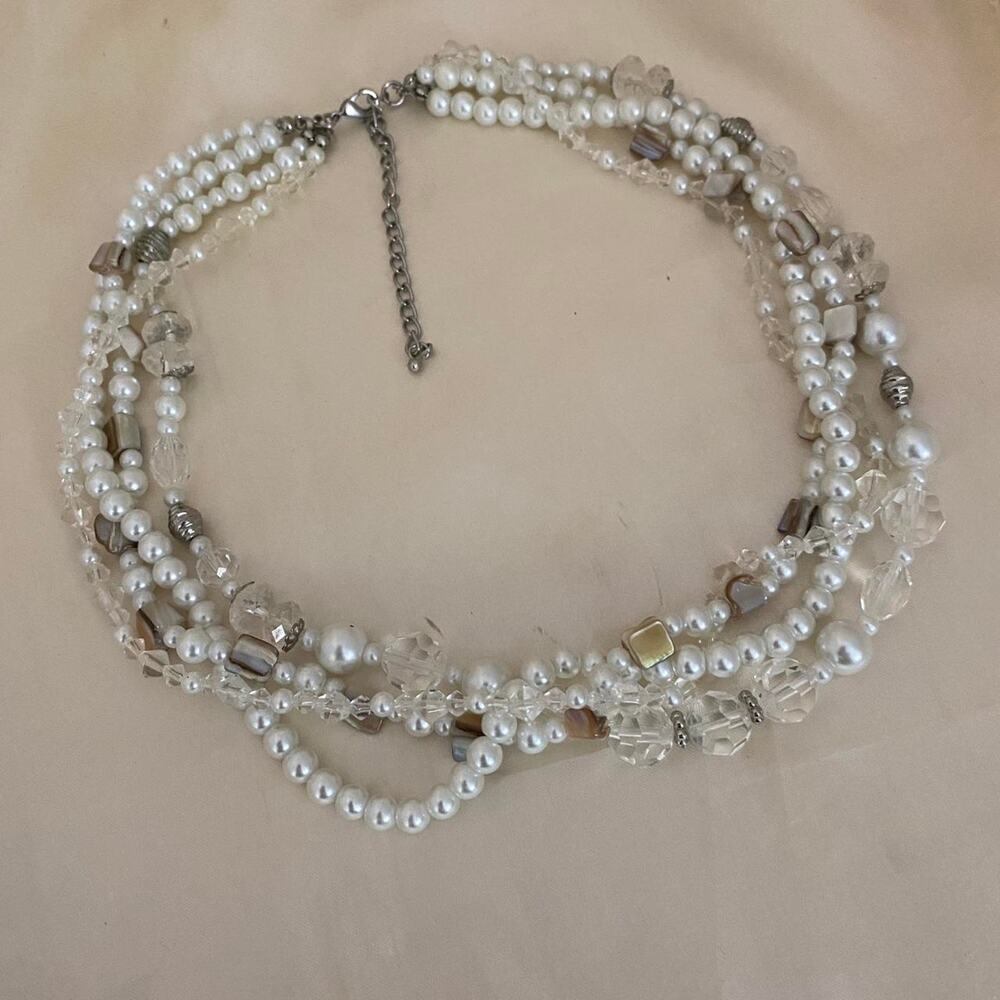 Vintage Genuine Mother of Pearl Shell & Crystal Layered faux Pearl Necklace